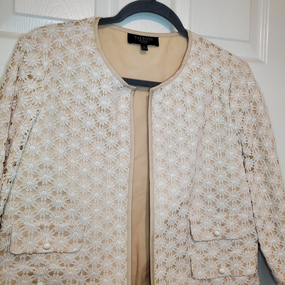 Talbots Womens Open Front Jacket Beige/White Lace Overlay 3/4 Sleeve Size 12P - Picture 2 of 14